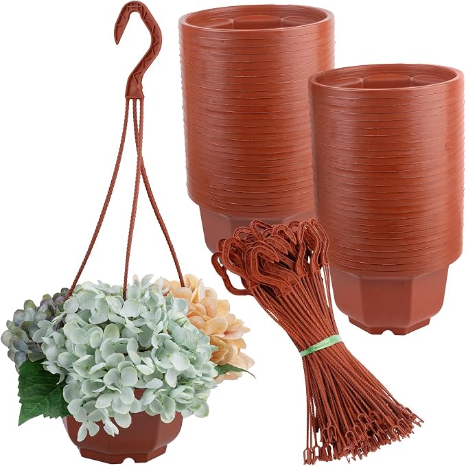 AUEAR, 50 Pack Plastic Hanging Plant Pots Containers Outdoor Indoor Planters with Drainage Holes Hooks Brown