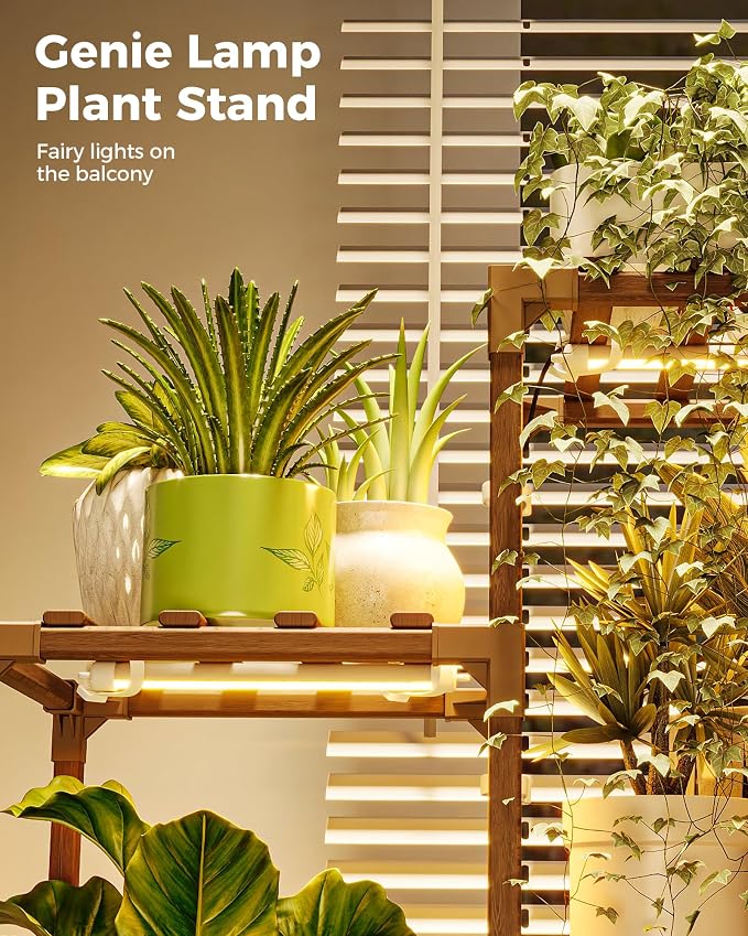 Bamworld 4-Pot Plant Stand with Grow Light Indoor Outdoor Corner Shelf Plant Holder Flower Stand Wood Plant Rack Indoor Multiple Plants Patio Balcony Garden Living room
