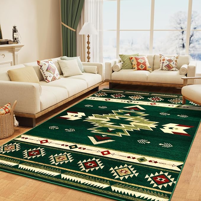 BENRON Western Rugs for Living Room Bedroom 5x7, Non Slip Area Rugs, Green | Southwest aztec Rustic Rugs for Dining Table Kitchen Home Decor, Washable