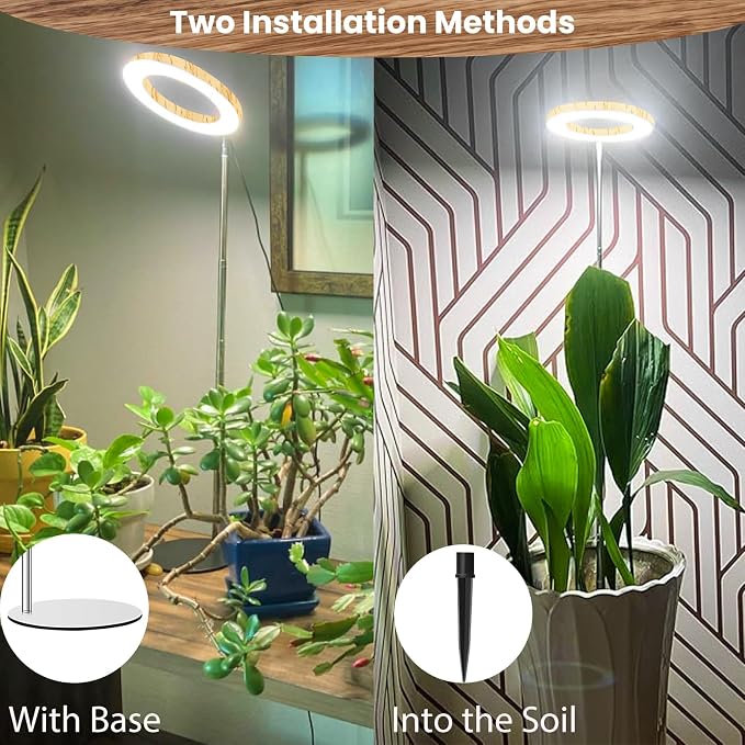 Aokrean Grow Light, Full Spectrum 6.3in Halo Growing Lamp with Metal Base | 80 LEDs Wood Grain 1-Pack, 2 Installation Ways, 9.8-37.4 in Height Adjustable, 3 Lighting Modes, 6/12/16Hrs, 5 Brightness