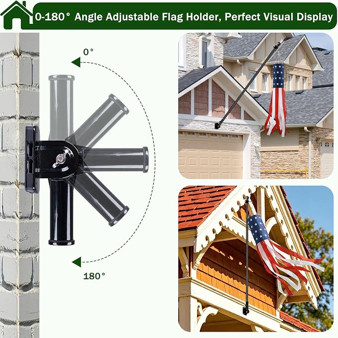 Windsocks Kit for Outside House, 4th of July Decorations US Flag 40 Inch Wind Socks with 6FT Stainless Steel Flagpole with Flag Holder and Rings(Black)