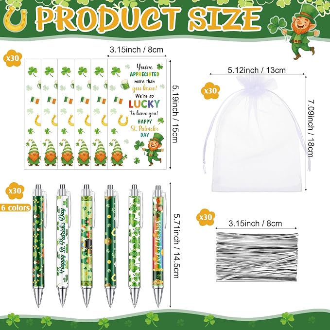 Marspark 30 Set St. Patrick's Day Gifts Bulk Lucky Shamrock Ballpoint Pens and Greeting Cards with Bag Twist Tie for St Patricks Day Employee Coworker School Office Home Irish Party Favor Supplies