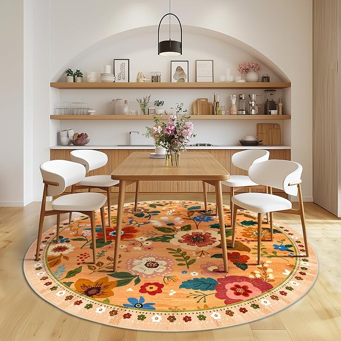 RELEANY Floral Washable Round 8ft Area Rug Orange/Yellow/Red | Flower Carpet, Print, Boho, Non-Slip, Easy to Clean, Soft, Low Pile for Living Room Bedroom Kitchen Office Entryway Hallway