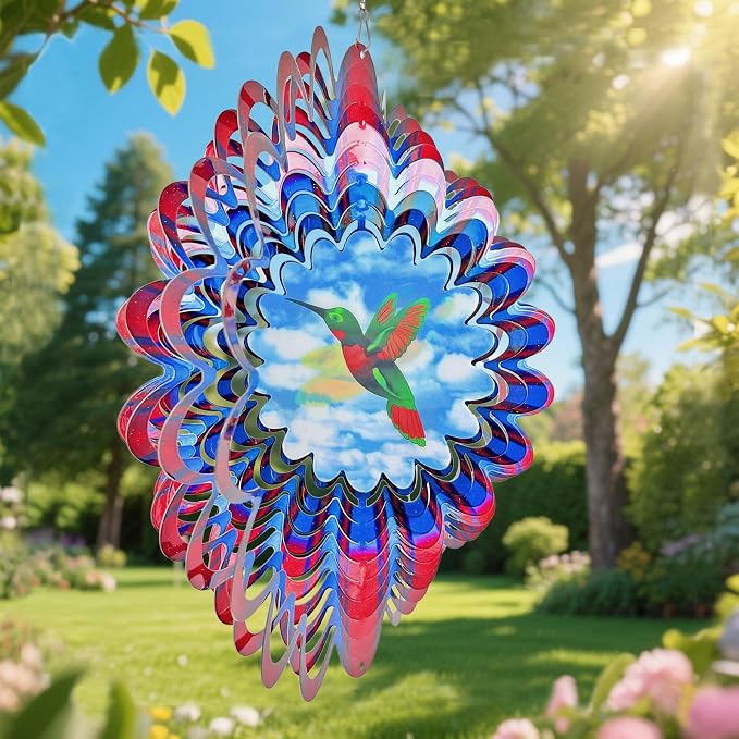 Hummingbird Wind Spinner - 3D Animated Wind Spinners, Garden Decor | 12 inch Kinetic Hanging Sculpture - Creates Flying bird Animation Effect. Outdoor Decoration, Gifts for Women/Men & Christmas