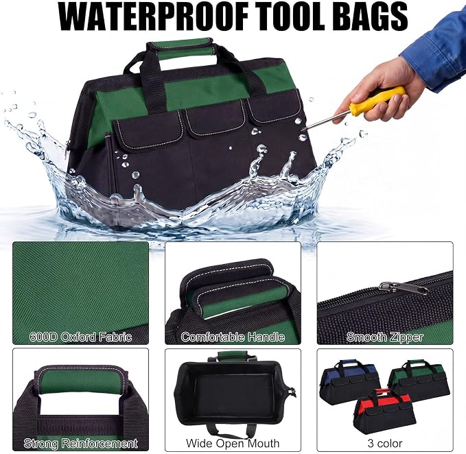 Sanwuta 3 Pack Tool Bag for Men with Waterproof Hard Bottom, Heavy Duty Tool Bag Wide Mouth Tote for Various Instrument, Electrician Carpenter Mechanic(Red, Army Green, Blue,16 Inch,Side Pockets)