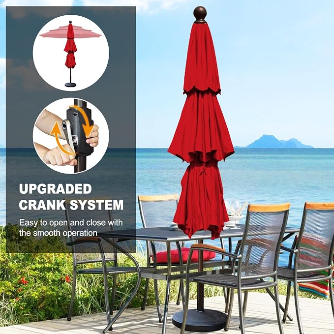 Eurmax USA 10-Year-Non-Fading 10FT 3-Tier Outdoor Patio Market Umbrella,UPF50+ UV Resistant,Heavy Duty Commercial Grade,Crank Lift Design,Windproof Vented Top for Garden,Pool,Deck,Logo Red