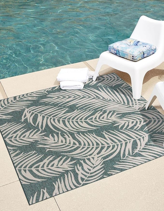 Unique Loom Outdoor Botanical Collection Area Rug - Palm (5' 3" Square Teal/Ivory)