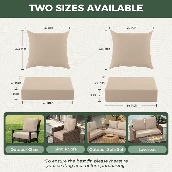 Outdoor Cushions for Patio Furniture, Outdoor Seat Cushion Set 24 x 24 x 5.75 in, Waterproof & Fade Resistant Outdoor Chair Cushions, Patio Chair Cushion with Removable Cover, Set of 4, Beige