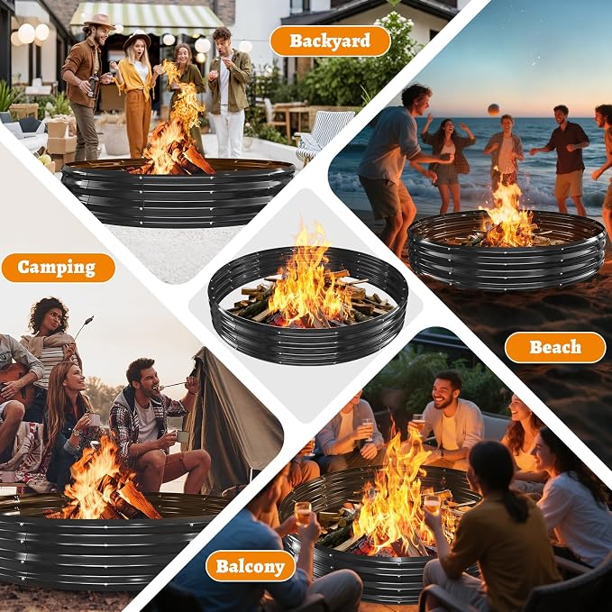 Large Metal Fire Pit Ring/Bonfire Fire Ring- 6 FT Diameter, 0.7 MM Thick,1 ft High, Durable and Stylish for Outdoor Fire Pits,Patios and Camping (Black, 6X6X1 ft)