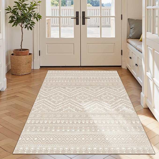Miukiki 3x5 Washable Area Rug Moroccan Soft Non Slip Entryway Rug Brown | Machine Washable 3x5 Rug for Bedroom Kitchen Living Room, Low Pile Indoor Floor Carpet with Vintage Pattern