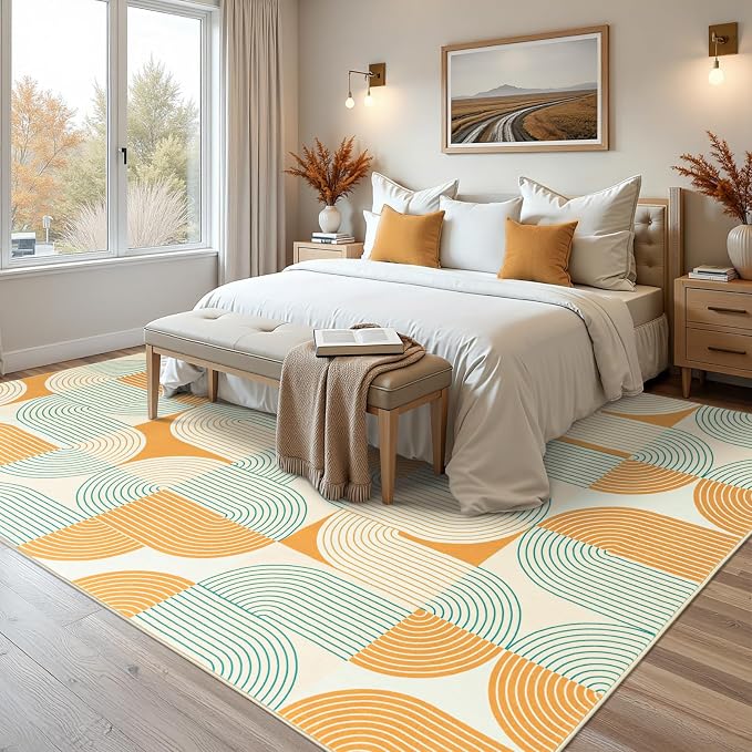 9'x12' Area Rug for Living Room, Washable Modern Abstract Soft Carpet | Low Pile, Indoor Floor Non Slip Stain Resistant Large Carpet for Bedroom Dining Room Farmhouse Nursery Home Office, Orange