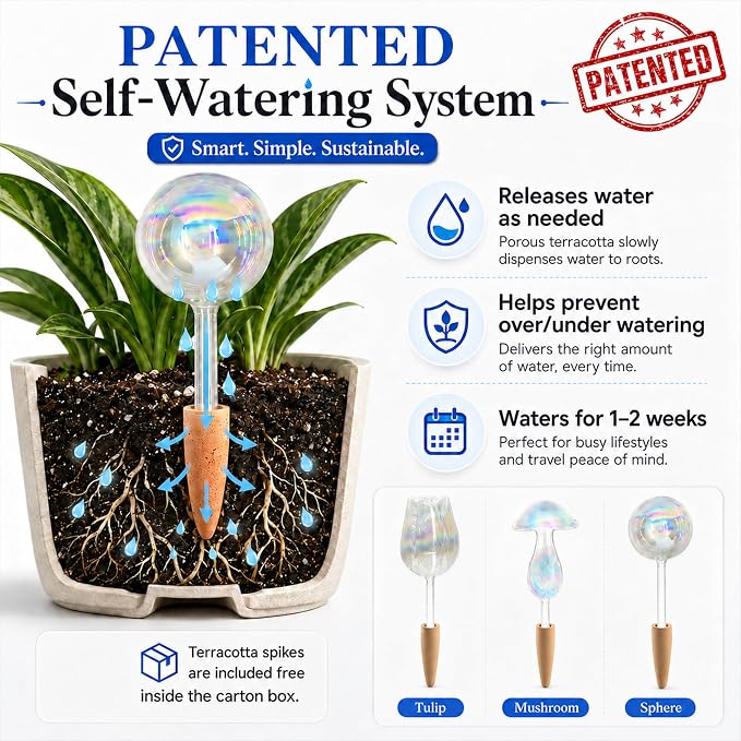 HyJeryty Non-Clogging Iridescent 3 Pack Ball Plant Watering Globes with Terracotta Spikes, Hand Blown Glass Self Watering Planter Insert Plant Watering Devices Bulbs for Indoor and Outdoor Plants