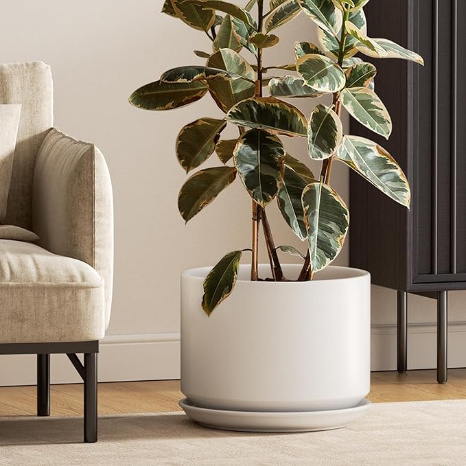 LE TAUCI 12 Inch Pots for Plants, Ceramic Plant Pots with Drainage Holes and Saucers, Elegant and Durable Large Plant Pot, Perfect for Home & Office Decor, White