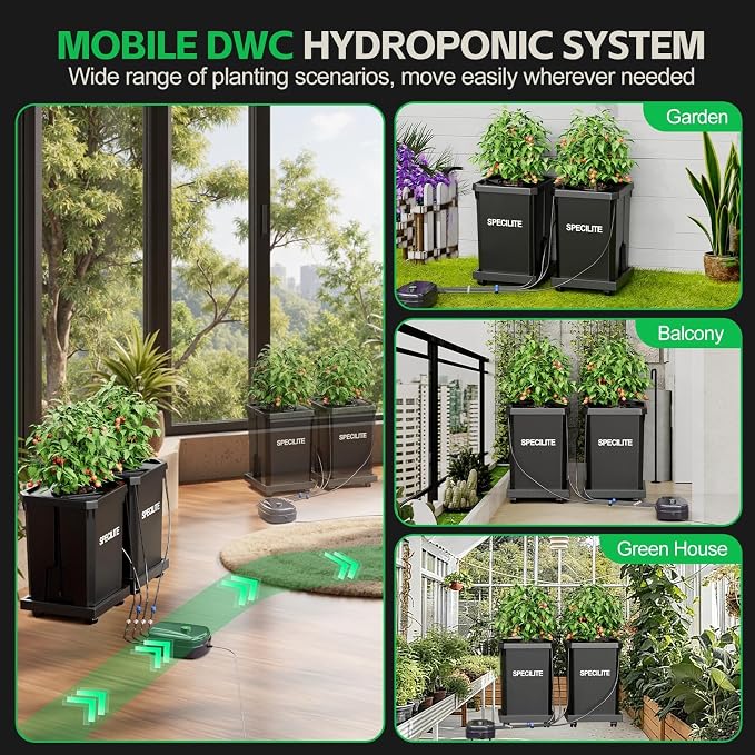 SPECILITE 7 Gallon 2 Buckets DWC Hydroponics Grow System with Wheels | Top Drip Kit, Deep Water Culture Recirculating Drip Garden System, Plant Stand with Air Pump, Air Stone, Air Hose