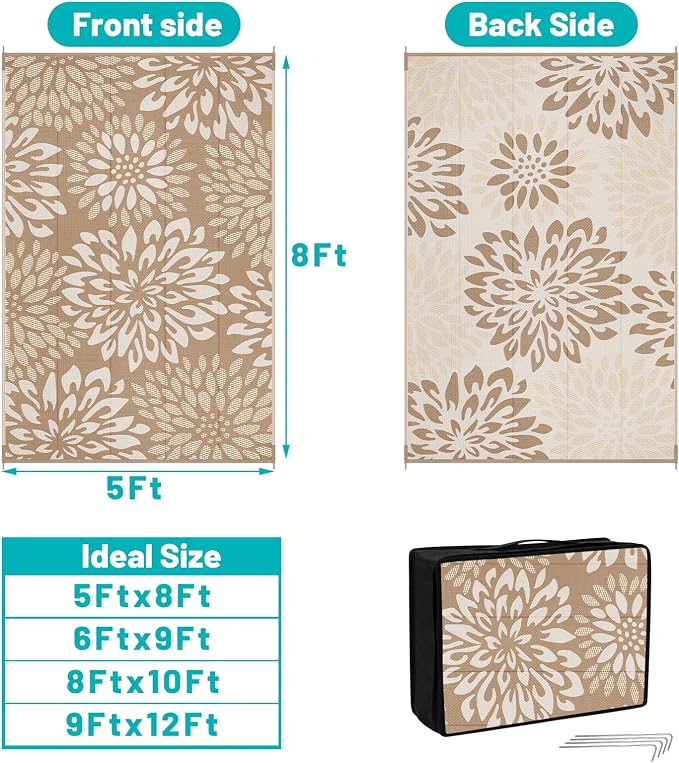HEBE Waterproof Outdoor Rug 5x8 for Patios, Floral Reversible Plastic Straw Rug Patio Mat, Indoor Outdoor Carpet RV Mat Camping Rug for Deck, Camper, Porch, Balcony, Backyard, Picnic