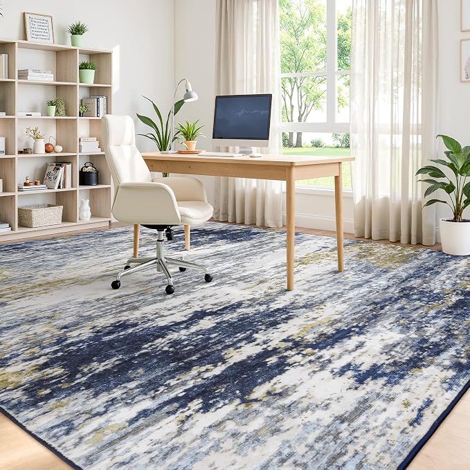 8x10 Area Rug for Living Room, Abstract Washable Large Rugs, Dark Blue | Neutral Carpet for Bedroom, Dining Room, Home Office, Nursery,Indoor, Stain Resistant, Non-Slip, Low Pile, Modern Rug
