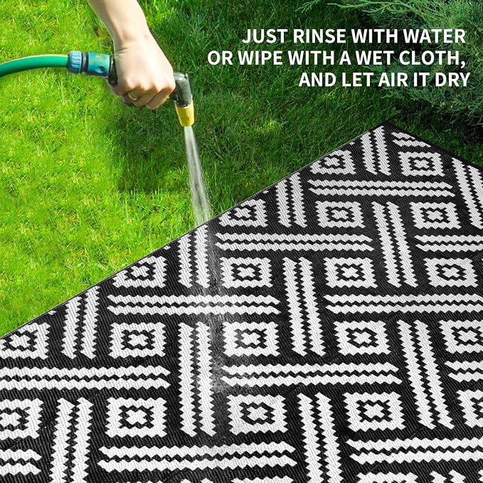Outdoor Patio Plastic Straw Rug - 8x10 ft Outdoor Camping Rug Waterproof Reversible, Area Carpet Patios RV, Outside Porch Balcony Deck for Camper, Moden Black White