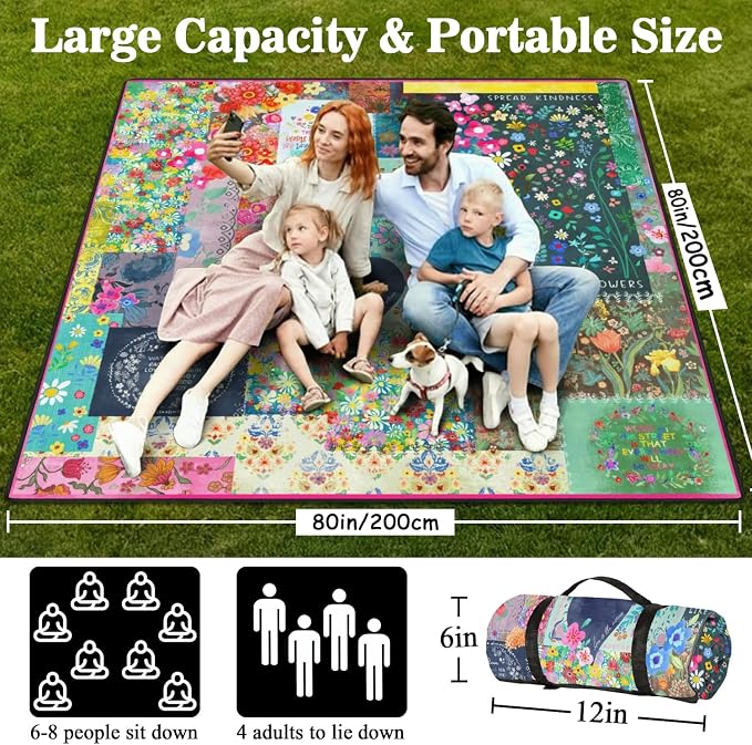 Picnic Blankets Waterproof Foldable Extra Large,80"x 80" Outdoor Beach Blanket Sandproof,3-Layer Lightweight Handy Mat Tote Picnic Camping Rugs for Outside Your Rv (Boho Vintage Floral Muticolor)