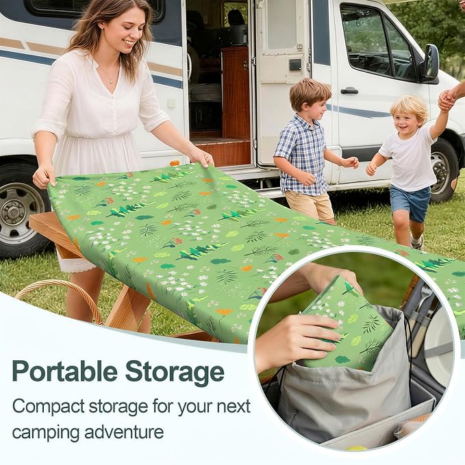 Picnic Table Cover with Bench Covers Camping Essentials Waterproof Windproof Camping Tablecloth with Drawstring Bag, Fitted Rectangle Tables and Seats, 60in, Grass Green