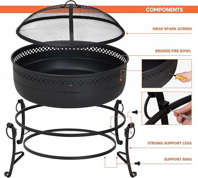 SUNCREAT Outdoor Patio Fire Pit with Mesh Spark Screen, 40" Portable Fire Pit for Camping, Outside, Black