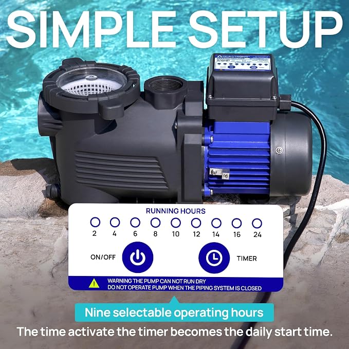 AQUASTRONG 3/4 HP Above Ground Pool Pump with Timer, 1.25"&1.5''adapter, 115V, 4332GPH, High Flow, Powerful Self Primming Swimming Pool Pumps with Filter Basket