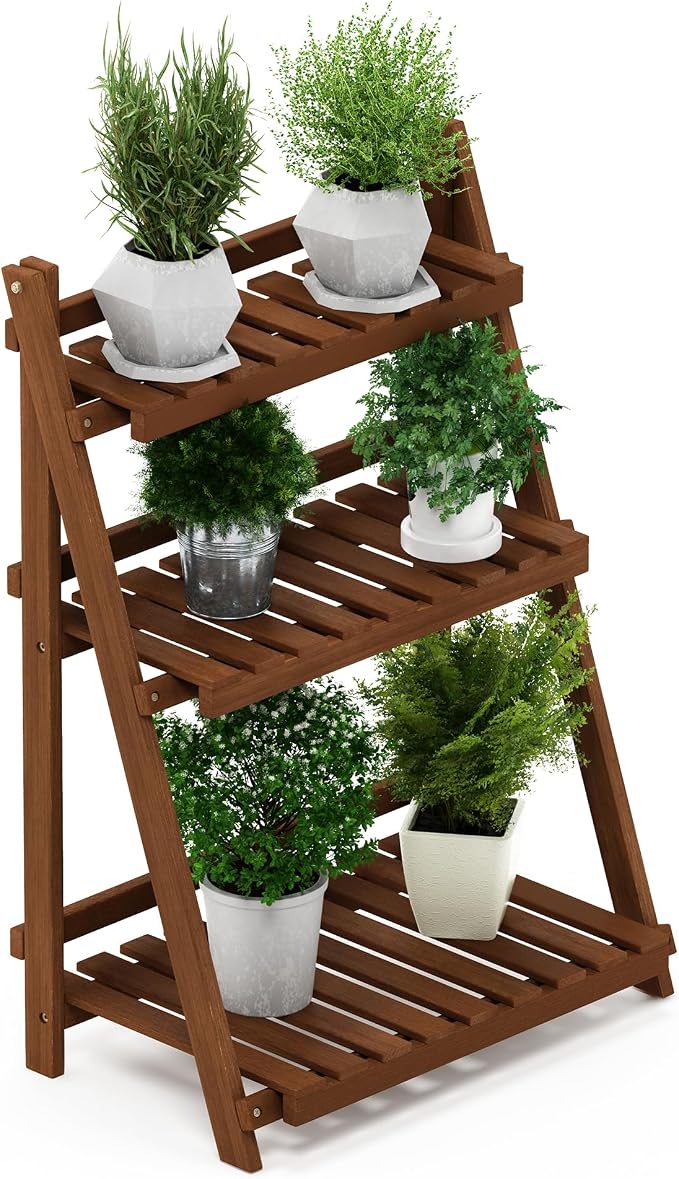 Furinno TIOMAN Plant Stand Outdoor, 3-Tier Ladder Plant Shelf, Tiered Plant Stand Indoor, Outdoor, Patio, Garden, Balcony, Light Wood