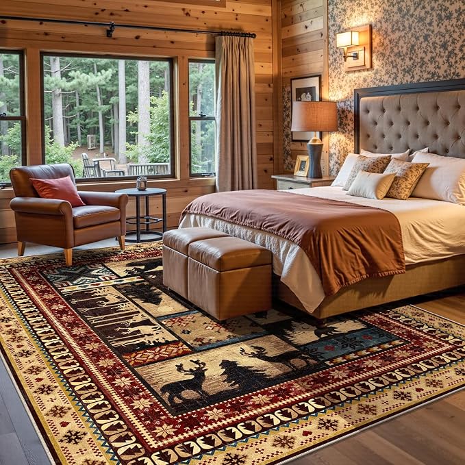 LOKHOM 8x10 Rustic Cabin Area Rug, Non-Slip Washable Western Lodge Bear Rug | Bear Pattern, Low Pile, Soft Vintage Wildlife Accent Floor Carpet, For Living Room Bedroom Entryway Nursery