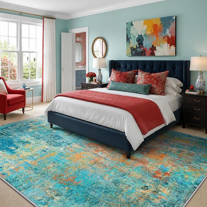 RELEANY Washable 5'x7' Abstract Area Rug for Living Room Teal Multi | Carpet for Bedroom, Kitchen, Office, Hallway and Entryway, Printed Pattern, Non‑Slip, Soft, Stain‑Resistant, Easy to Clean