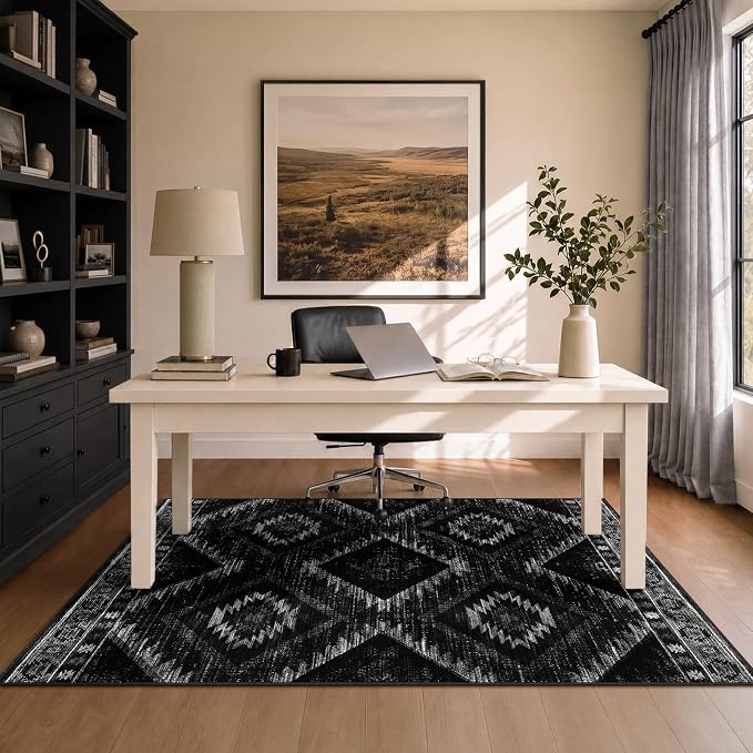 4'x6' Washable Area Rug for Living Room Bedroom Black | Soft Western No Slip Low Pile Print Foldable Indoor for Kitchen Dining Room