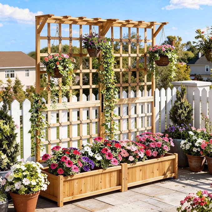 Aoxun 36" Raised Garden Bed with Trellis, Wood Planter Container with Hanging Roof & Garden Boxes for Climbing Plants Flowers Vine (1 piece)