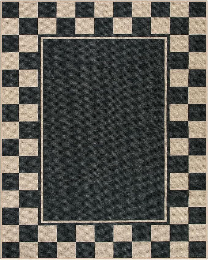 Moynesa Checkered Easy Jute Outdoor Rug 8x10 Area Rugs for Living Room, Black Washable Indoor Outdoor Patio Rug Non Slip, Large Farmhouse Carpet for Bedroom Dining Room Backyard