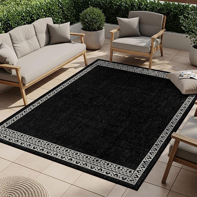 Washable Outdoor Rug 8x10 Modern Area Rugs Outdoor Carpets Bordered Pattern Non Shedding Waterproof Easy Clean Patio Deck Porch Living Room Bedroom Garden RV (8 X 10 Black)