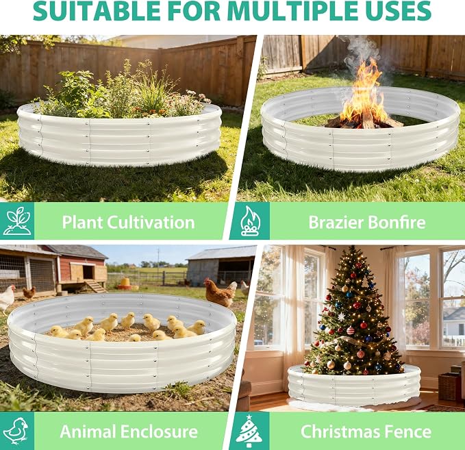 YSEJOMP 6FT Diameter Galvanized Garden Raised Bed/Plant Box/Fire Pit Ring-0.8mm Thick,12 Inch Tall,Crimped Edge and Corner,No Sharpe,Perfect for Plantings (Cream White, 72 Dia X 12 inches)