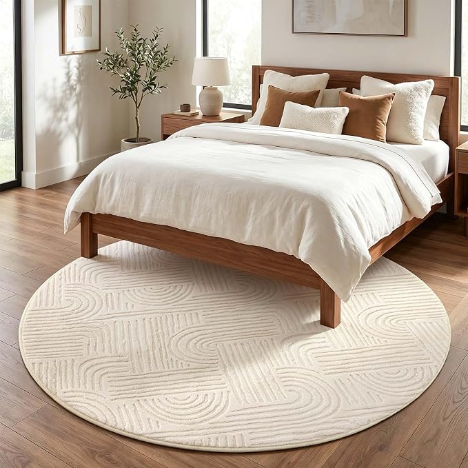 Etwel 5.2 ft Beige Geometric Textured High-Low Pile Washable Round Rug | Modern Soft Carpet, Non-Slip PVC Backing, Low Profile, Kid and Pet Friendly, for Living Room, Bedroom, Dining Room, Nursery