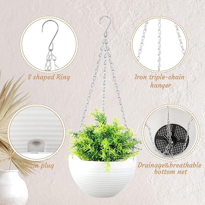 Zopeal 16 Pack Self Watering Hanging Planters 8 Inch Garden Flower Plant Pot Container with Drainer and Chain Round Hanging Pot Plant Basket for Indoor Outdoor Plants (White)