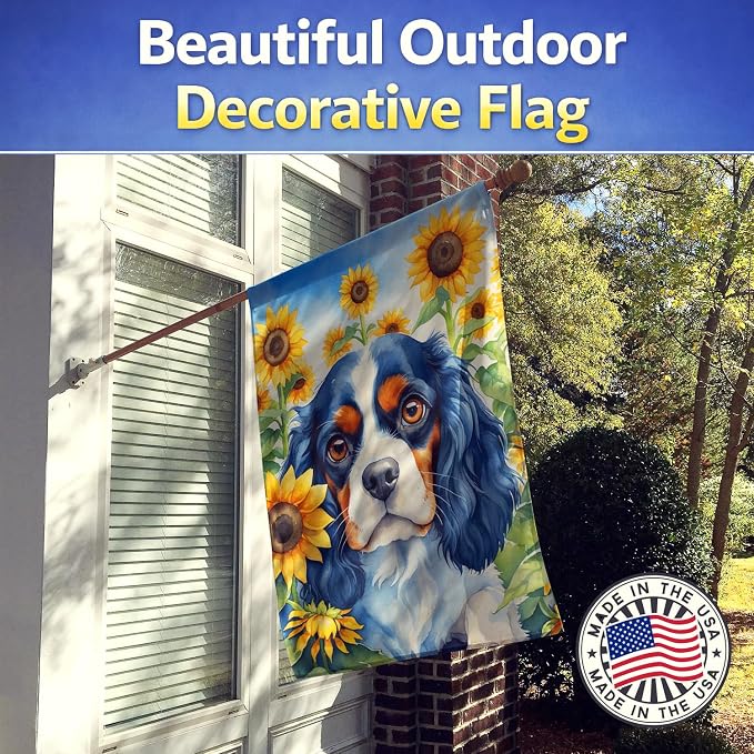 Caroline's Treasures DAC6049CHF Cavalier Spaniel in Sunflowers House Flag Large Porch Sleeve Pole Decorative Outside Yard Banner Artwork Wall Hanging, Polyester, House Size, Multicolor