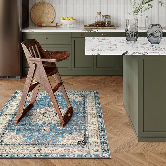 Lahome Felice Oriental Floral Medallion Area Rug - 4x6 Blue Bedroom Rug Living Room Mat, Distressed Soft Non Slip Washable Indoor Nursery Throw Carpet for Apartment Dining Kitchen Table Entrance