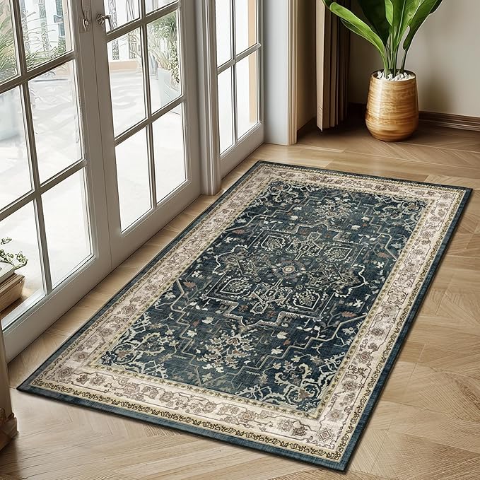 Farmhouse Distressed 3x5 Area Rugs for Entryway Foyer, Washable Non Slip Low Pile Throw Rugs for Kitchen, Vintage Medallion Pinted Carpet for Bedroom/Bathroom/Home Office, Midnight/Multi