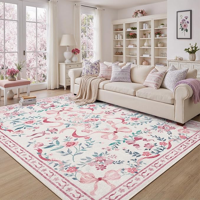 DCX Washable 9x12 Bow Rug, Pink Floral Rug for Girls’ Bedroom, Cute Soft Low Pile Indoor Décor Carpet, Kid & Pet Friendly Nursery Rug for Living Room, Dorm, Playroom