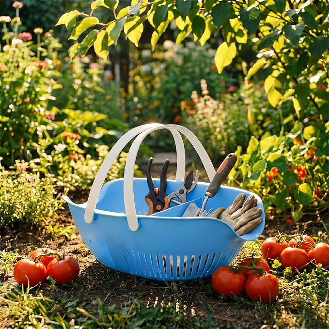 Nuogo 3 Pcs Garden Harvest Basket Removable Partitions with Tool Caddy for Collecting Carrying and Cleaning Harvesting Basket Doubles Colander for Vegetables and Fruits Garden Accessories(Blue)