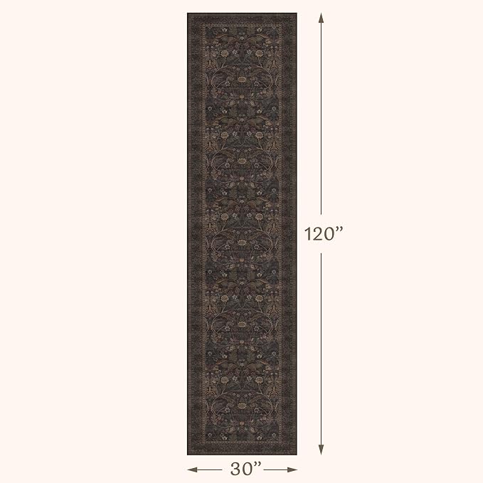 Washable Wide Hallway Runner Rug 2'6"x10' - Non Slip 10ft Long Floral Runner Rugs for Kitchen Entryway Indoor Farmhouse Botanical & Sunflower Accents (Brown and Black)