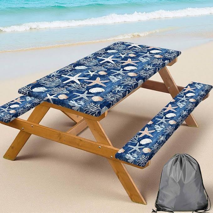 Picnic Table Cover with Bench Covers Camping Elastic Edge Essentials Waterproof Windproof Camping Tablecloth with Drawstring Bag, Fitted Rectangle Tables and Seats, 30X60 Inch, Blue Ocean Coral