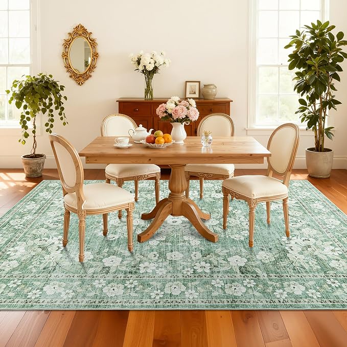 GarveeHome 6x9 Area Rug for Living Room Vintage Sage Green Floor Cover | Leaf Flower Botanical Distressed Bordered Bedroom Rugs Machine Washable Non-Slip Low Pile Floral Area Rug for Dining Room