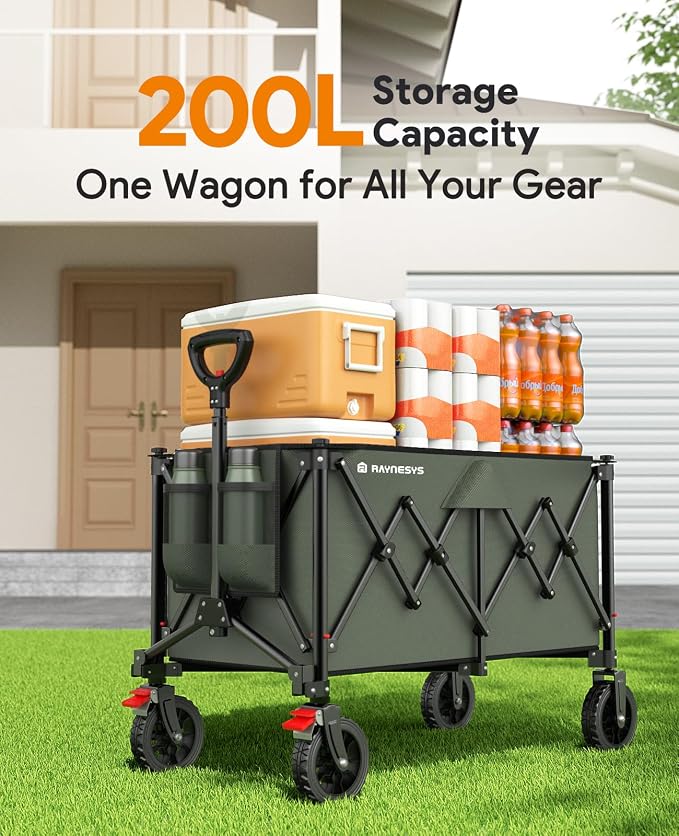Raynesys Collapsible Foldable Wagons, 440lbs Weight Capacity Beach Wagon with All-Terrain Wheels, Heavy Duty Foldable Wagon, Utility Wagons Carts with Brakes for Camping,Sports,Shopping,Grocery, Green