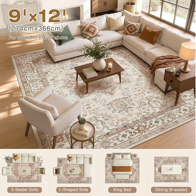 DTICON Vintage Washable 9x12 Area Rug Living Room Rugs, Beige | Boho Distressed, Pet & Kid Friendly, Non-Slip Backing, Soft Polyester, Low-pile Carpet for Living Room, Bedroom, Dining Room