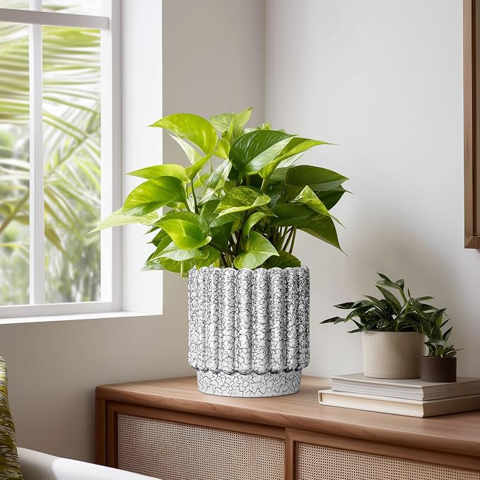 Ceramicfor Ceramic Planter, 7.6 Inch, Black and White | Drainage Hole, Round Flower Pot, Fluted Design, Indoor/Outdoor Use