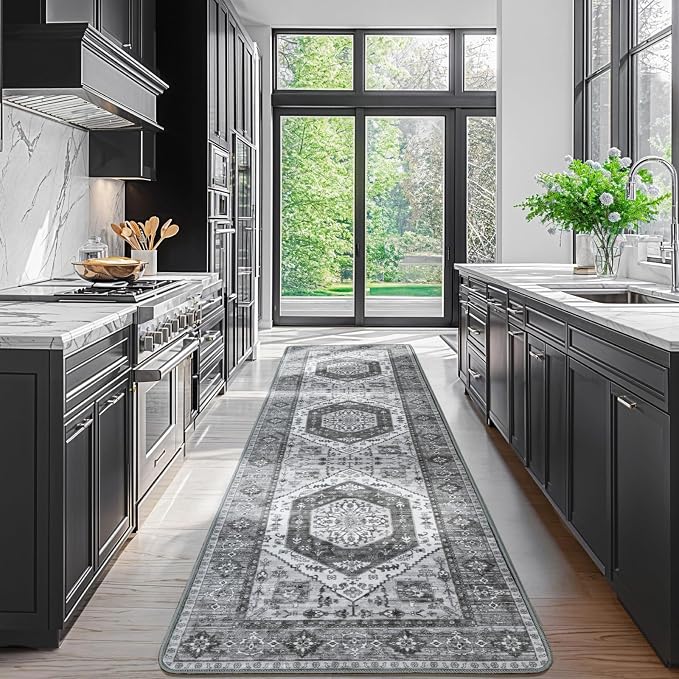 LBRO2M Machine Washable Rug Soft Pet Friendly Carpet 2X10 Dark Gray | Persian Runner Rug 2X10 for HallWay, Bedroom, Kitchen, Laundry Room, Non Slip Carpet, Foldable Stain Resistant Rugs