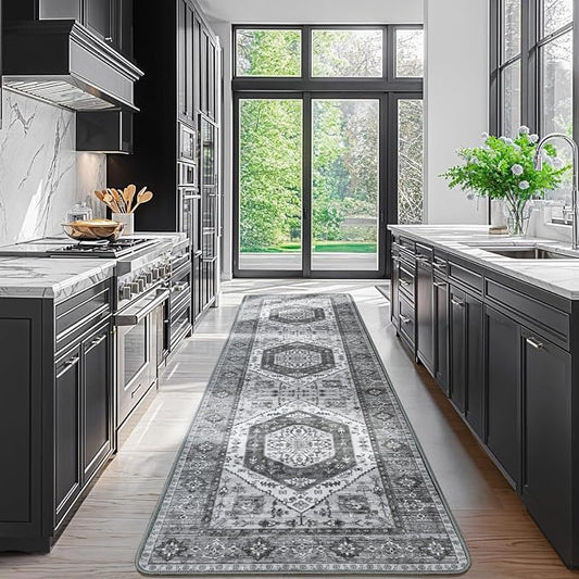LBRO2M Machine Washable Rug Soft Pet Friendly Carpet 2X10 Dark Gray | Persian Runner Rug 2X10 for HallWay, Bedroom, Kitchen, Laundry Room, Non Slip Carpet, Foldable Stain Resistant Rugs