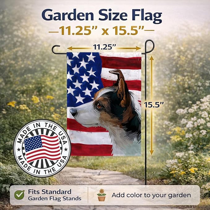 Caroline's Treasures CK6617GF Miniature Fox Terrier Dog American Flag Garden Flag Mailbox Flag Decorative Yard Flag Banner Outside Patio Artwork Yard Flower Beds, Garden Size, Multicolor