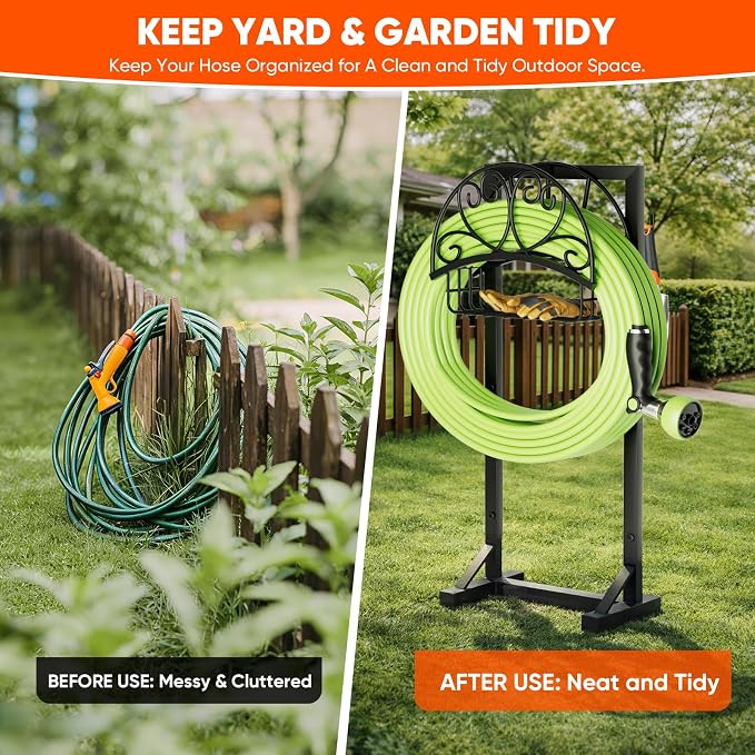 Stable Garden Hose Holder with Storage Basket and Tool Hooks, Heavy-Duty Water Hose Storage Metal Hose Hanger Holds 160Ft, Rustproof Freestanding Hose Holder for Outside,Yard,Lawn,Farm